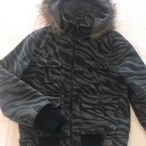 Zebra print jacket with fur lined hood